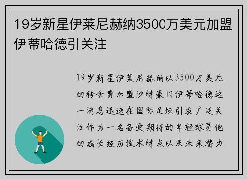 19岁新星伊莱尼赫纳3500万美元加盟伊蒂哈德引关注